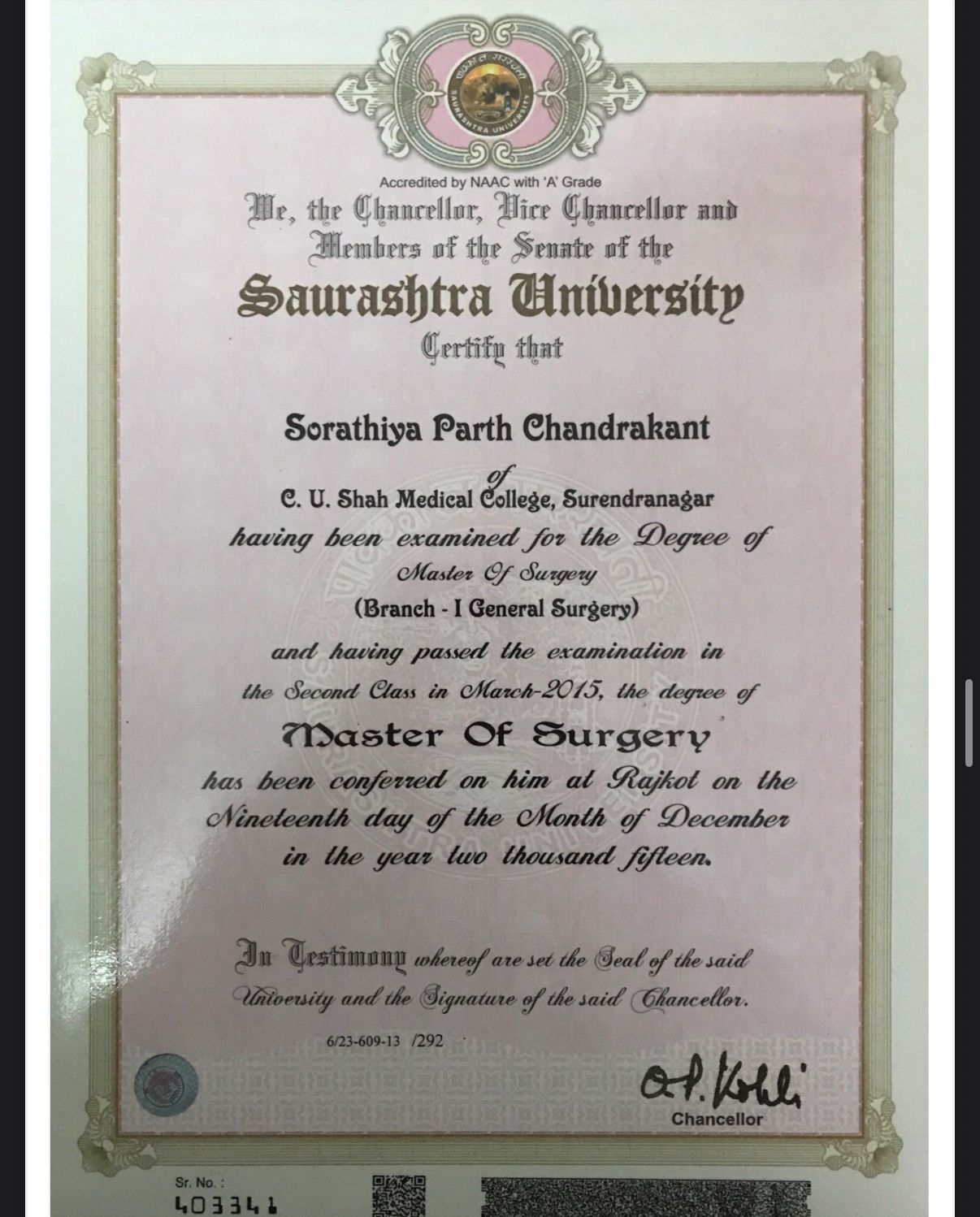 MS (General Surgery) Certificate